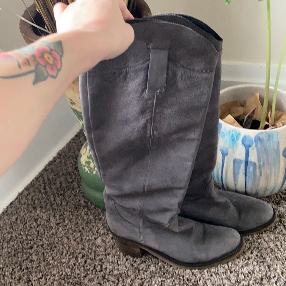 Gray, Knee high, suede, leather boots